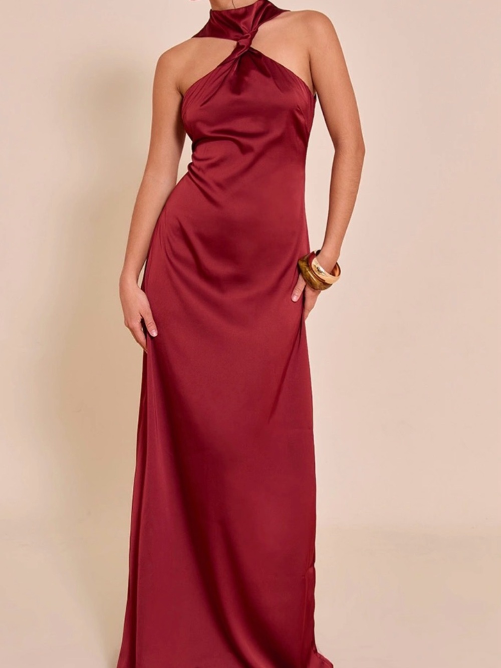 Burnt Orange Satin Twist Front Maxi Dress